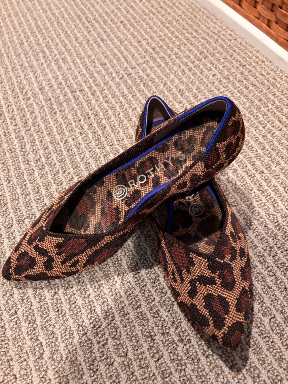 Rothy's Leopard-Print Pointed Toe Flats with Blue Trim